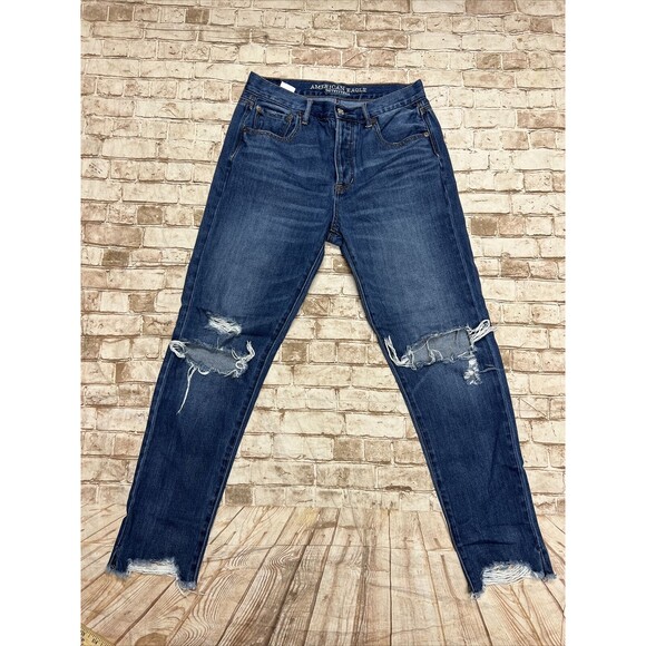 American Eagle High Rise Girlfriend Distressed Ripped Holes jean Busted Knees 4 - Picture 1 of 4